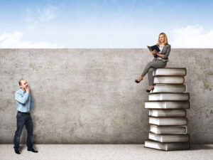 man and woman with 3d book pile background