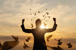 Business woman with raised hands from flying pigeons on the background of a sunny sunset.